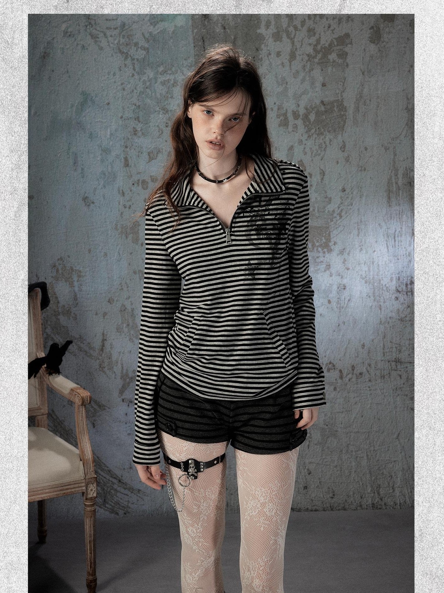 ALL iN plan Striped Half Zip Collar Printed Women&