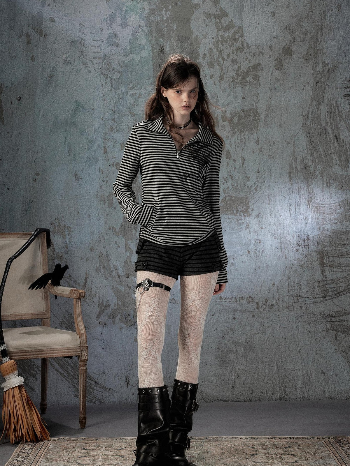 ALL iN plan Striped Half Zip Collar Printed Women&