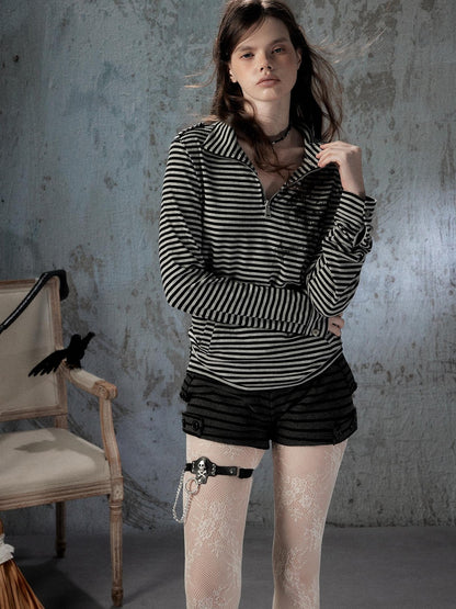 ALL iN plan Striped Half Zip Collar Printed Women&