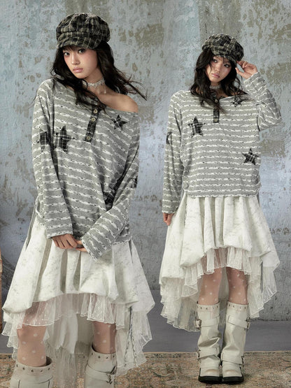 ALL iN plan Striped One Shoulder Loose Straight Women&
