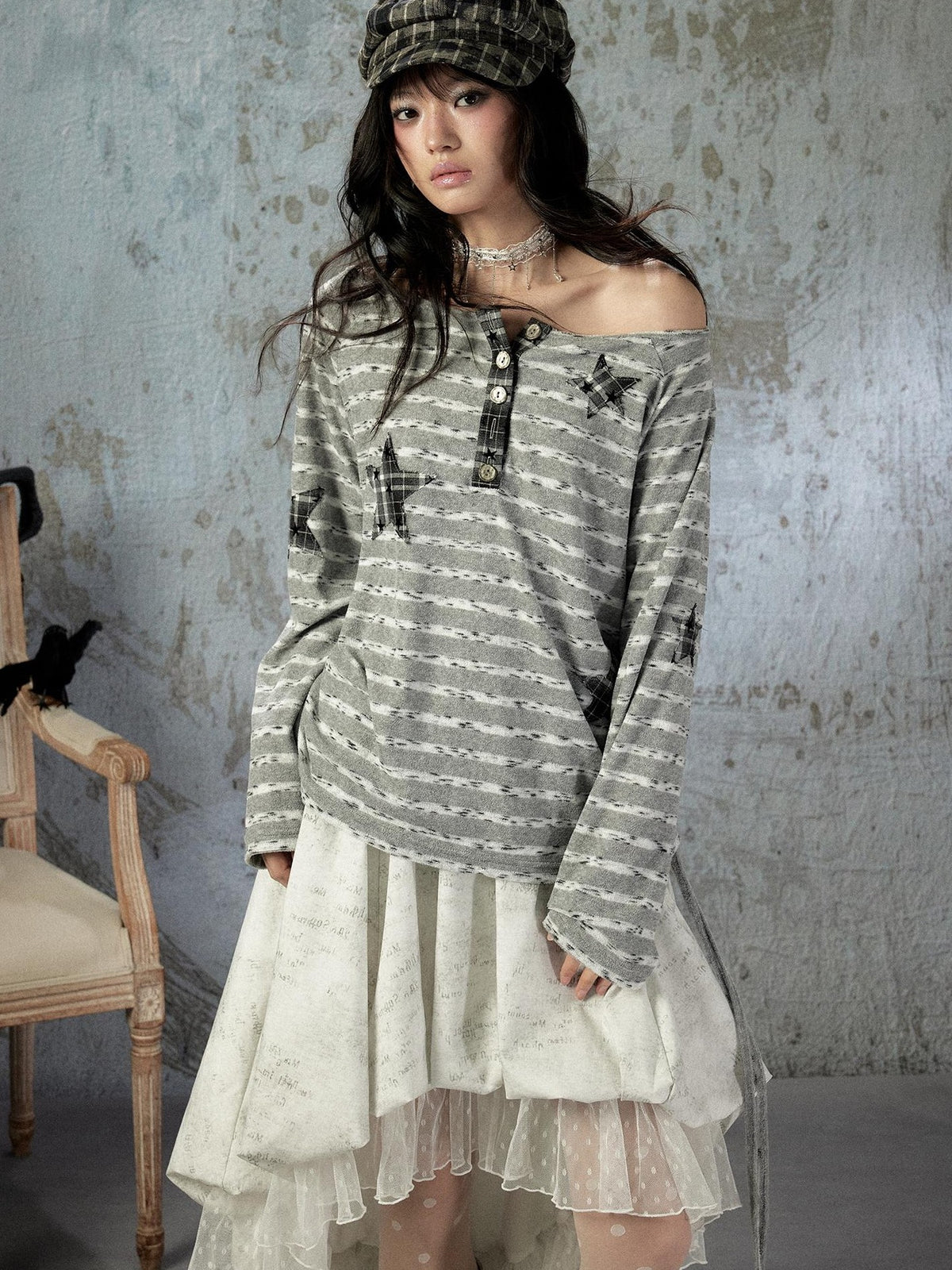 ALL iN plan Striped One Shoulder Loose Straight Women&