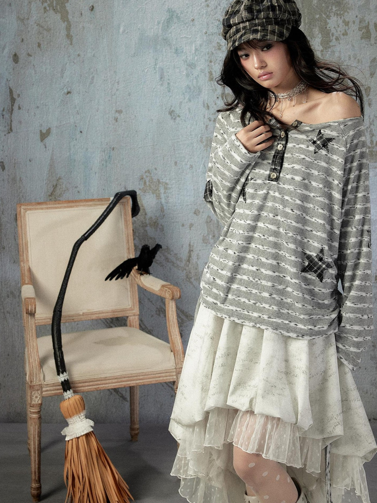 ALL iN plan Striped One Shoulder Loose Straight Women&