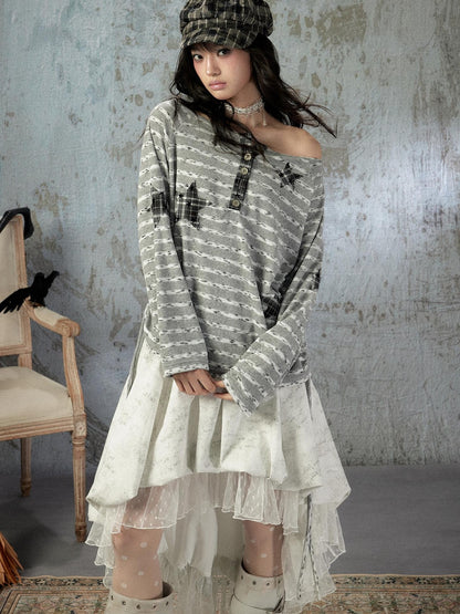 ALL iN plan Striped One Shoulder Loose Straight Women&