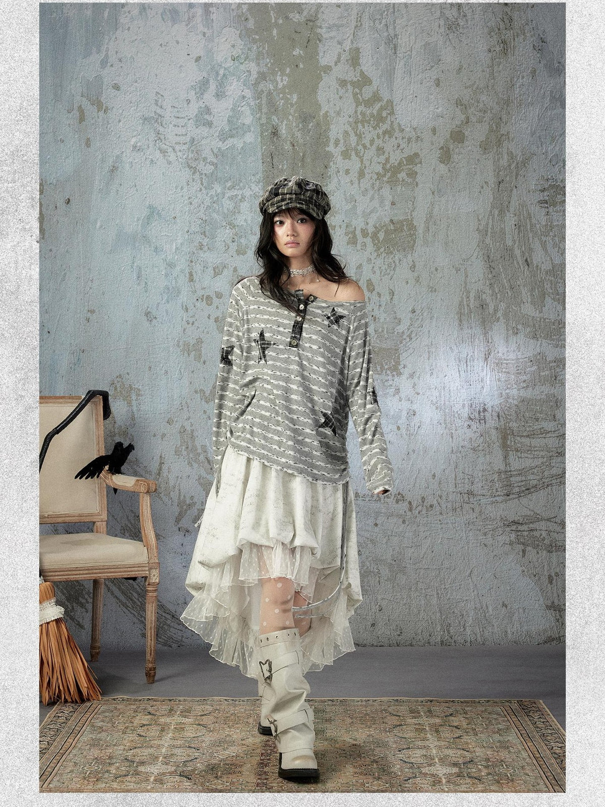 ALL iN plan Striped One Shoulder Loose Straight Women&