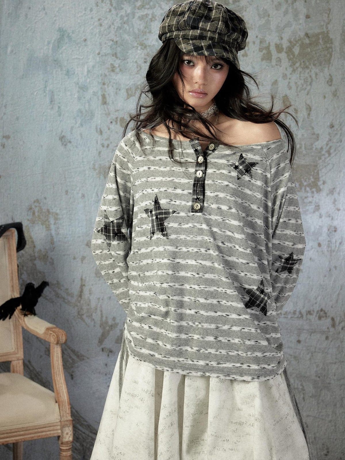 ALL iN plan Striped One Shoulder Loose Straight Women&