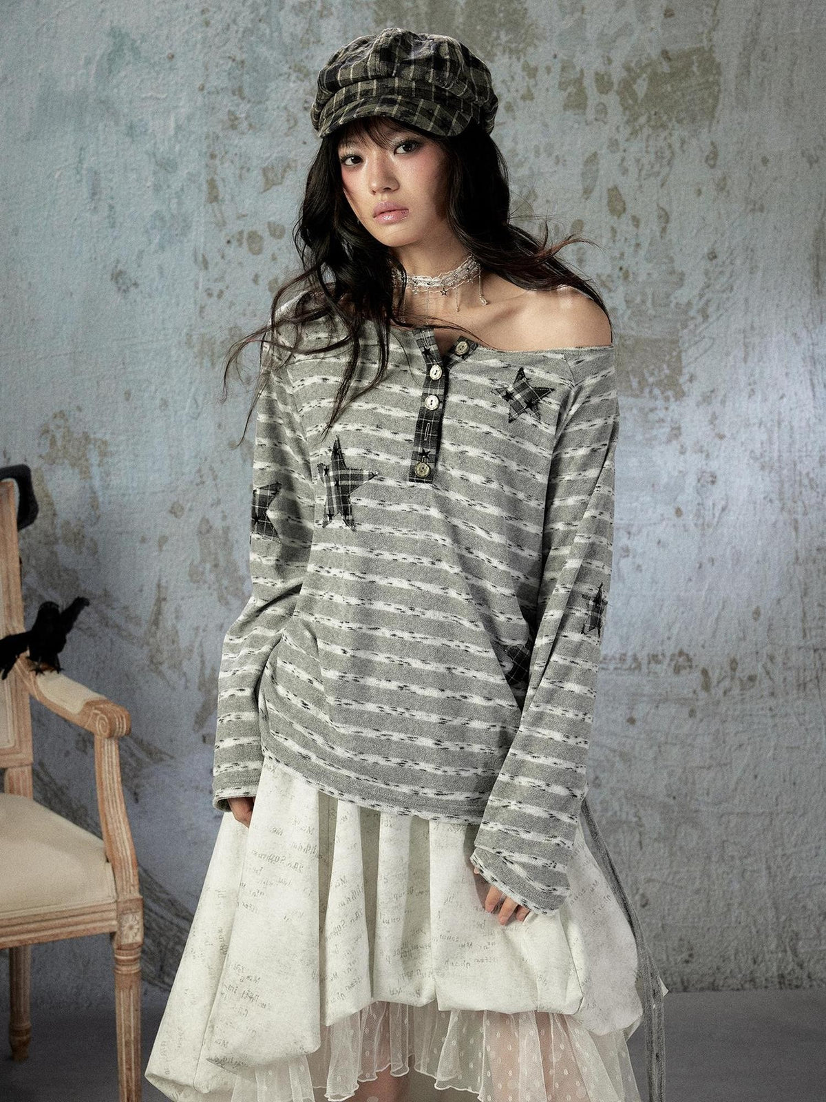 ALL iN plan Striped One Shoulder Loose Straight Women&