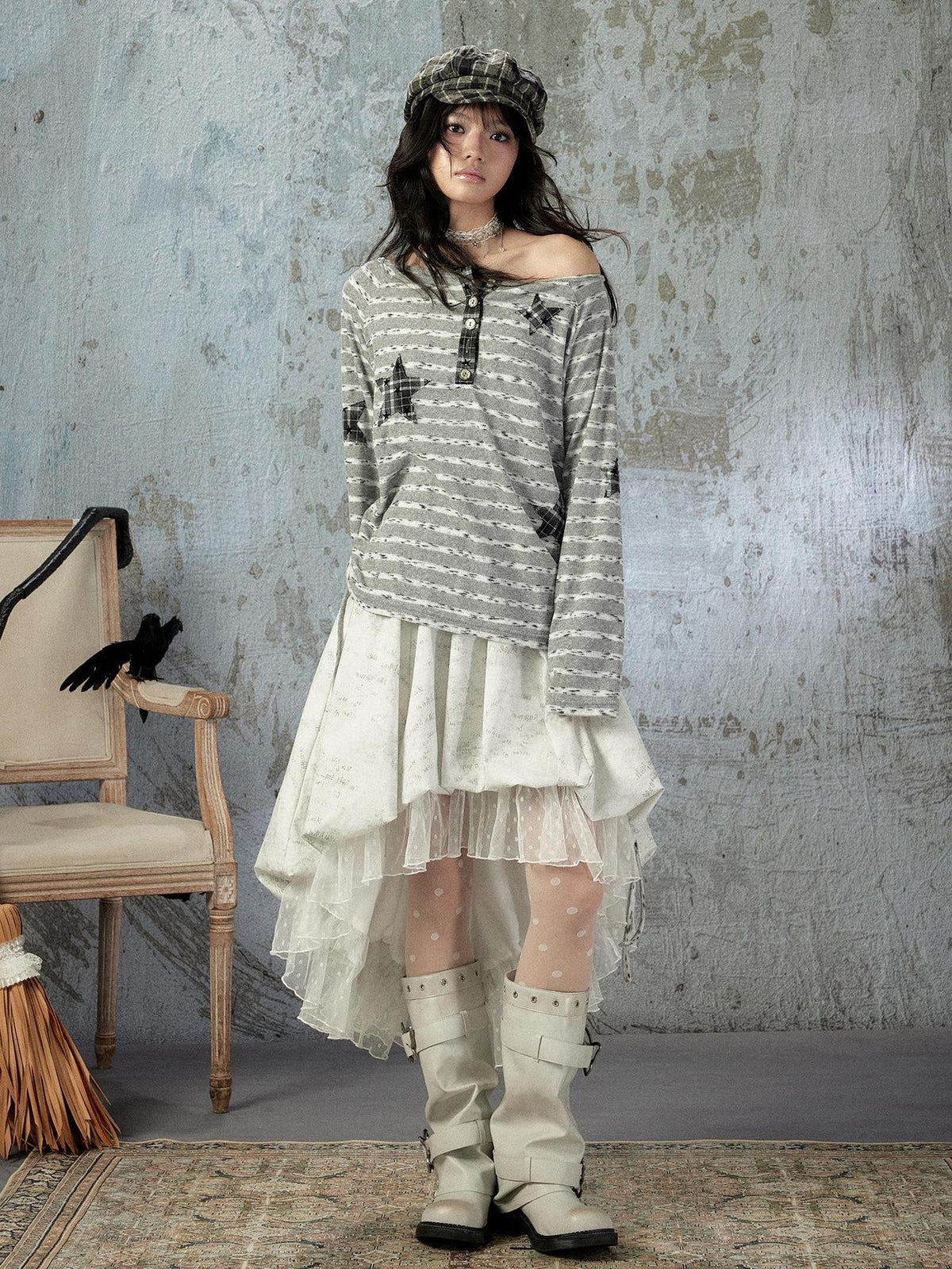 ALL iN plan Striped One Shoulder Loose Straight Women&
