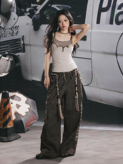 ALL iN plan Striped Retro Faux Waist Cinched U Neck Women&