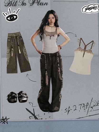 ALL iN plan Striped Retro Faux Waist Cinched U Neck Women&