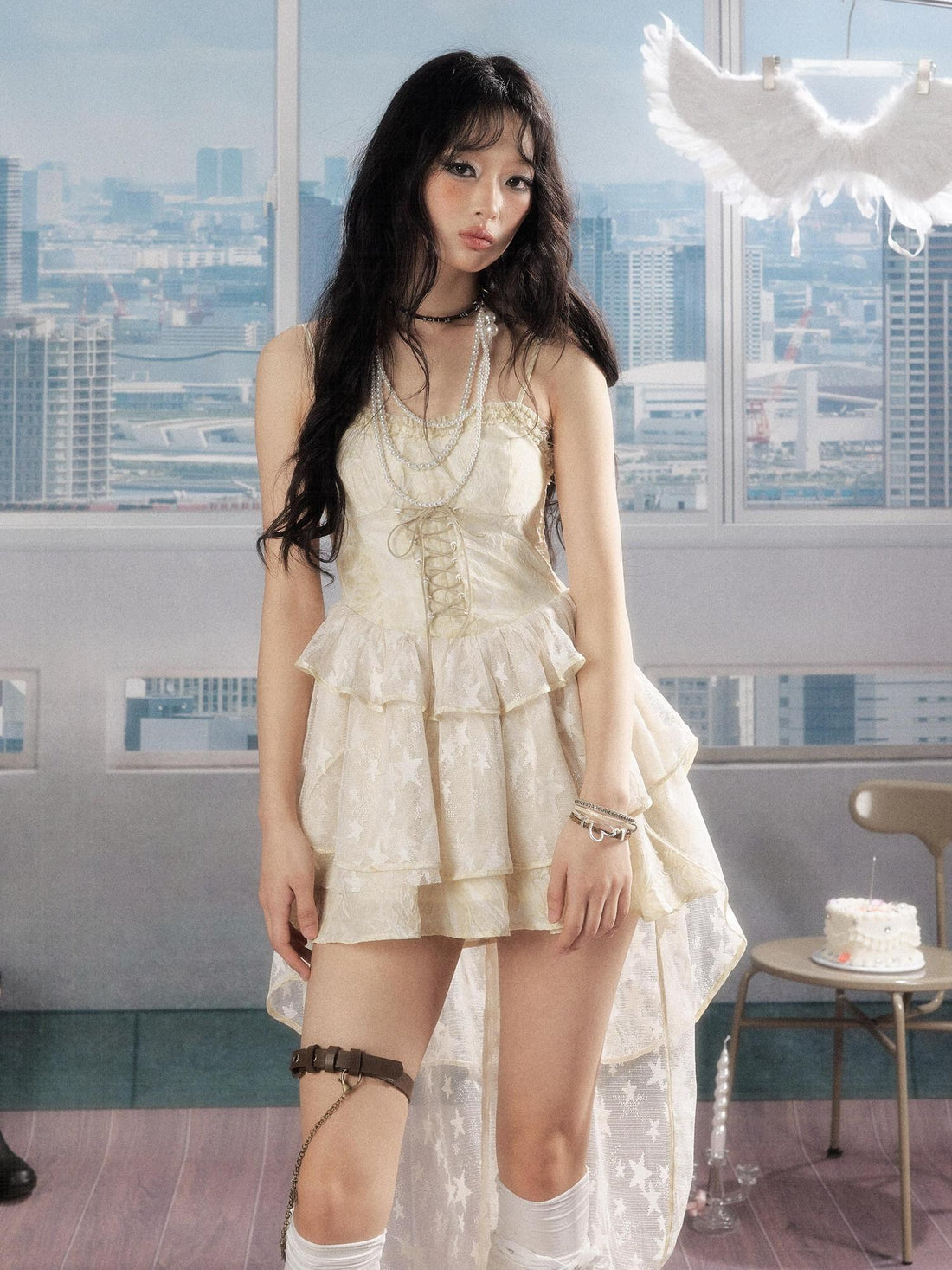 ALL iN plan Sweet Ivory Slim Cami Round Neck Puff Skirt Casual Slip Mini Dresses