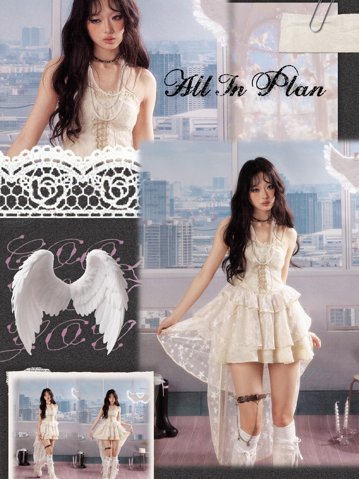 ALL iN plan Sweet Ivory Slim Cami Round Neck Puff Skirt Casual Slip Mini Dresses