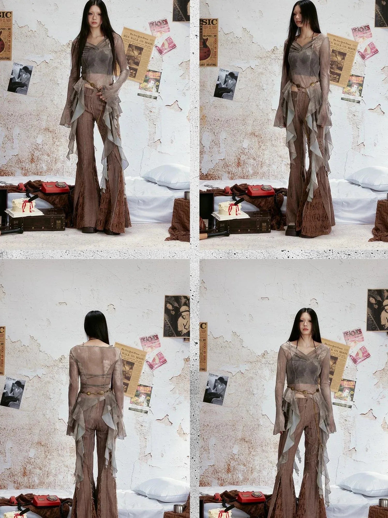 Tear Stained Lace Trim Sheer Mesh Top