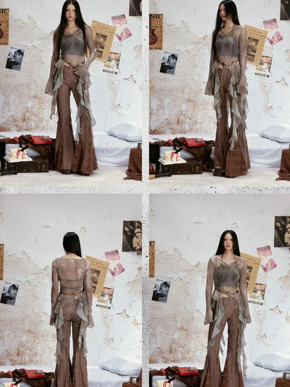 Tear Stained Lace Trim Sheer Mesh Top