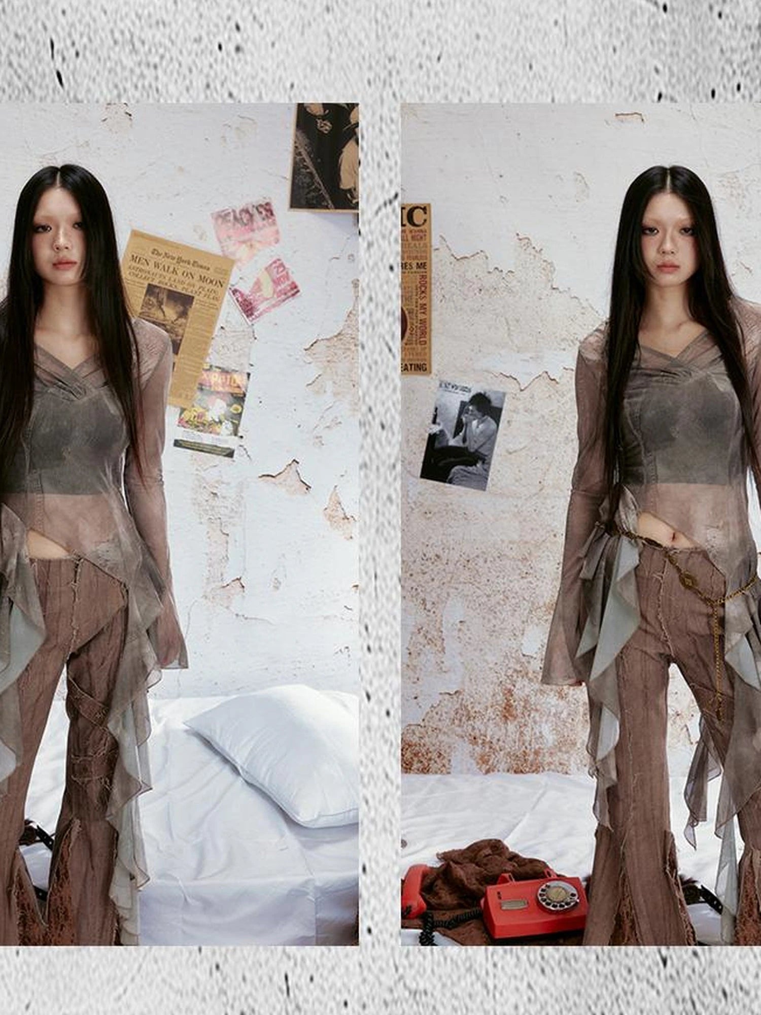 Tear Stained Lace Trim Sheer Mesh Top