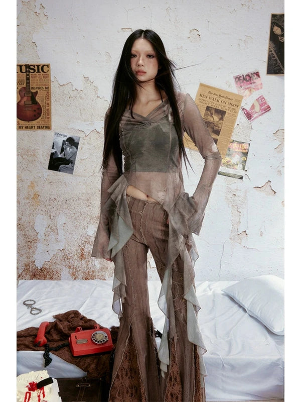 Tear Stained Lace Trim Sheer Mesh Top