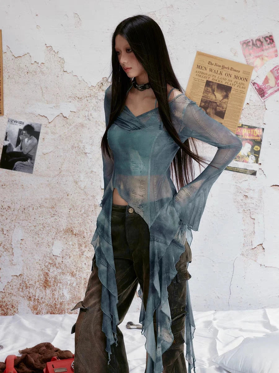 Tear Stained Lace Trim Sheer Mesh Top