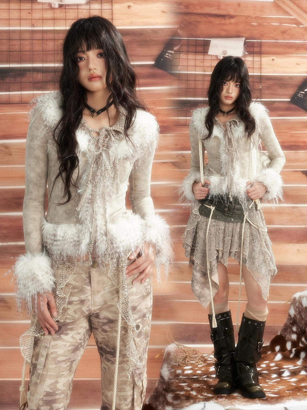 ALL iN plan Tie Dye Mesh Faux Fur Trim Lace Up Women&