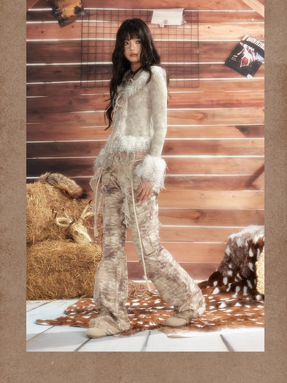 ALL iN plan Tie Dye Mesh Faux Fur Trim Lace Up Women&