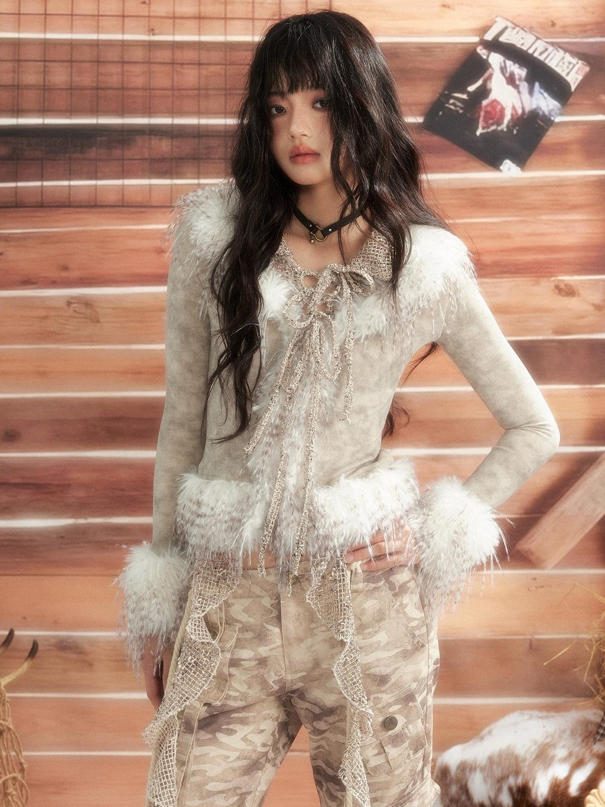 ALL iN plan Tie Dye Mesh Faux Fur Trim Lace Up Women&