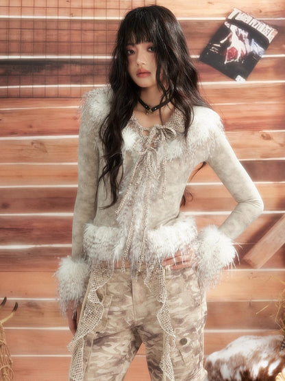 ALL iN plan Tie Dye Mesh Faux Fur Trim Lace Up Women&