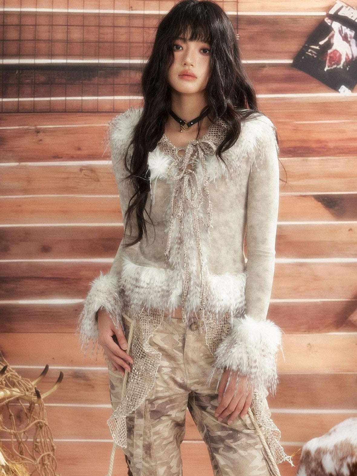 ALL iN plan Tie Dye Mesh Faux Fur Trim Lace Up Women&