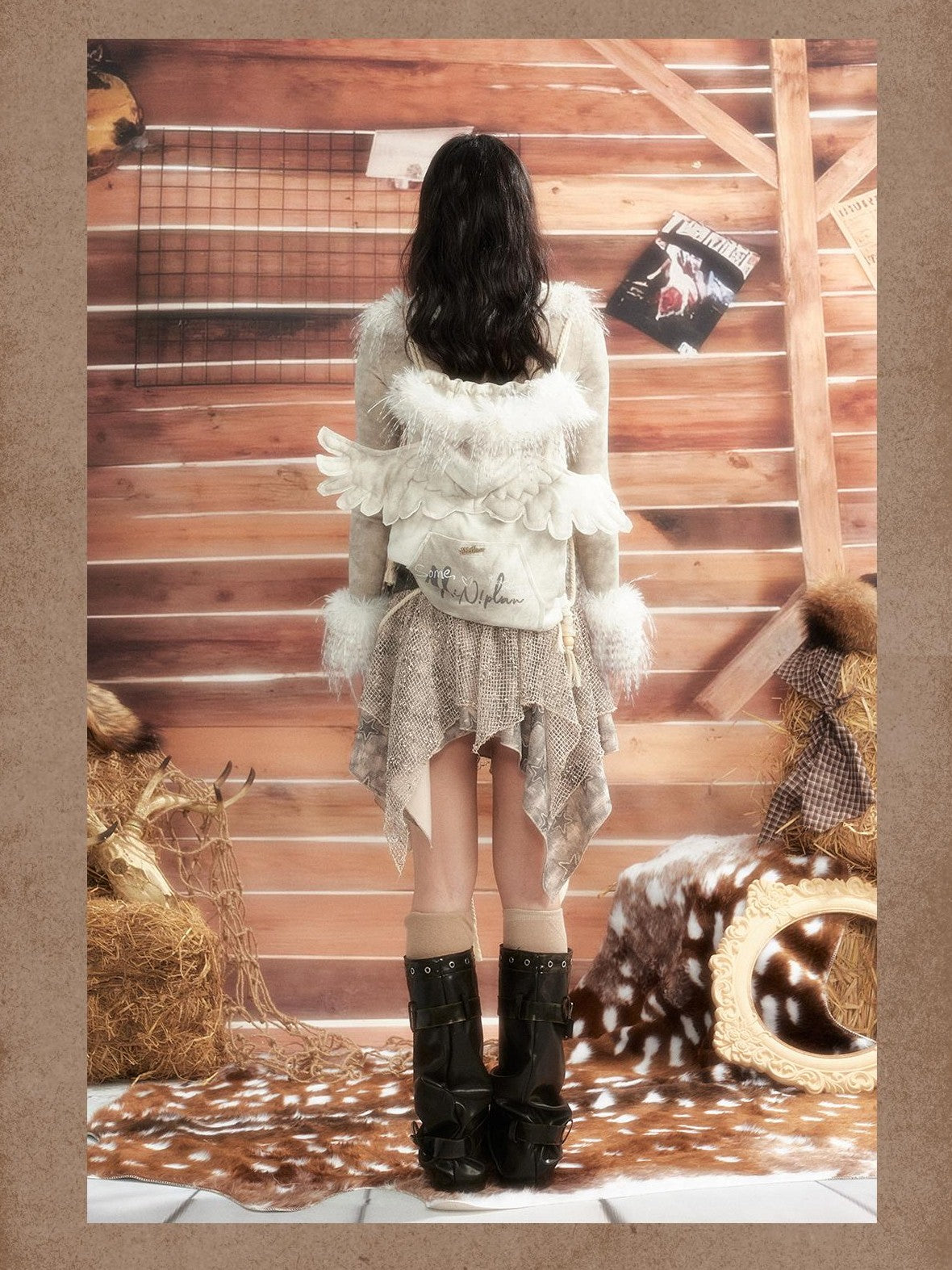 ALL iN plan Tie Dye Mesh Faux Fur Trim Lace Up Women&