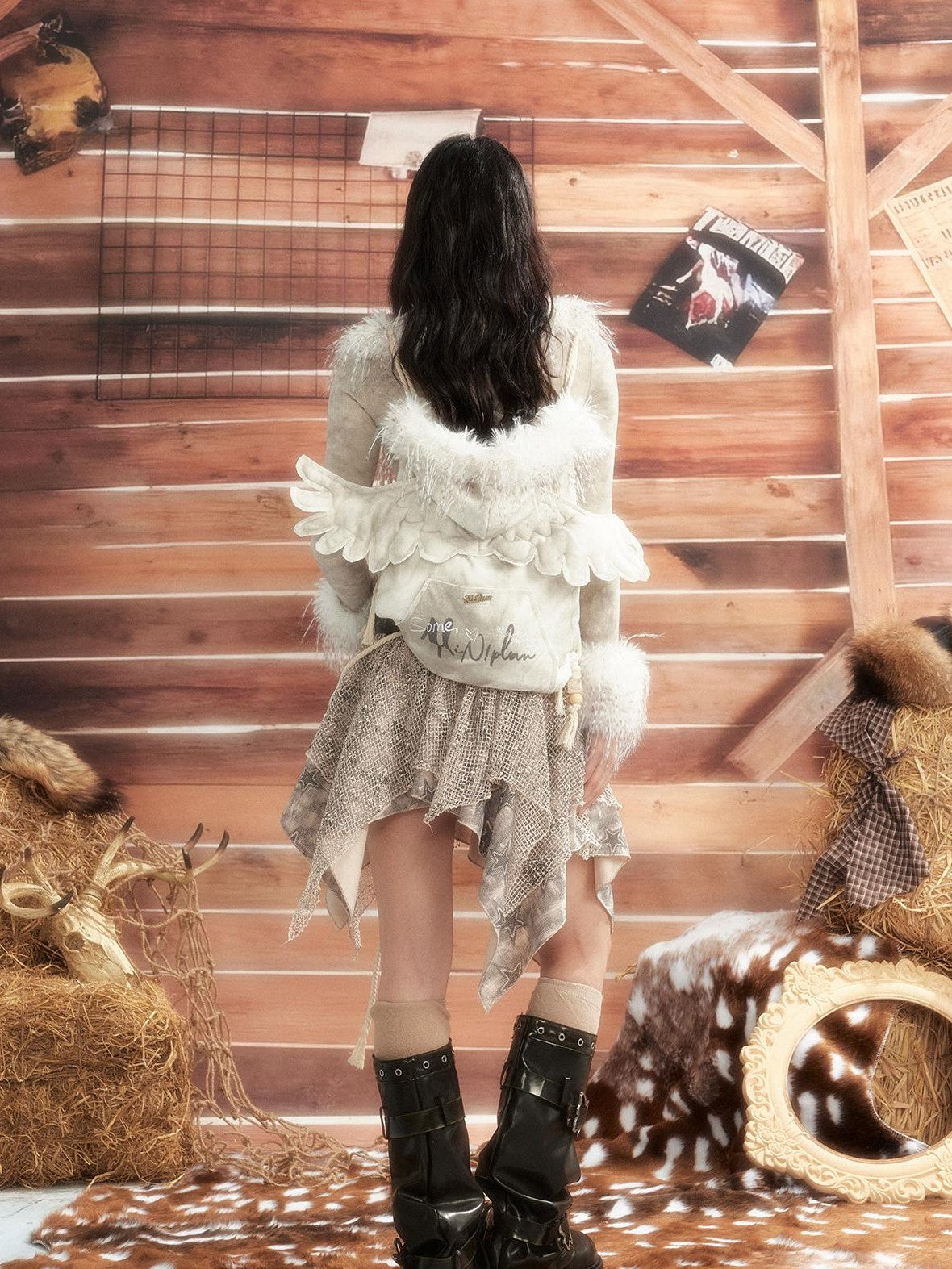 ALL iN plan Tie Dye Mesh Faux Fur Trim Lace Up Women&