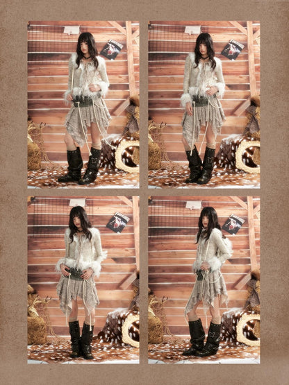 ALL iN plan Tie Dye Mesh Faux Fur Trim Lace Up Women&