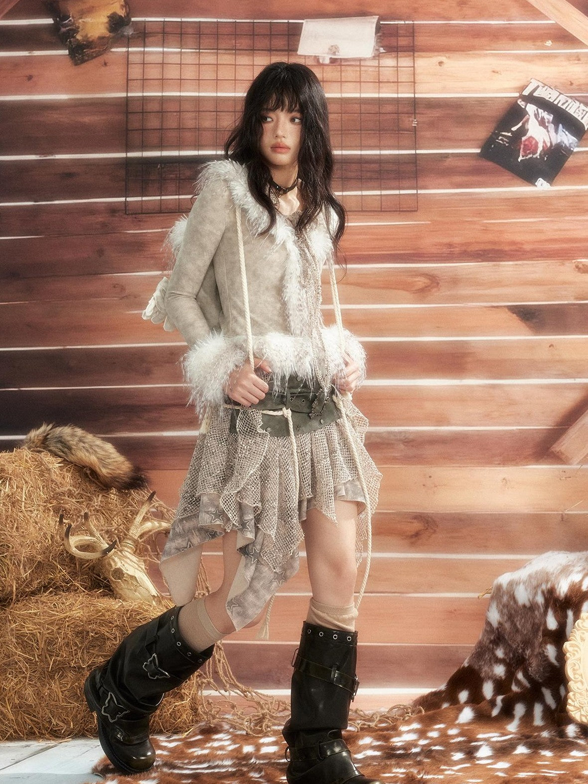 ALL iN plan Tie Dye Mesh Faux Fur Trim Lace Up Women&