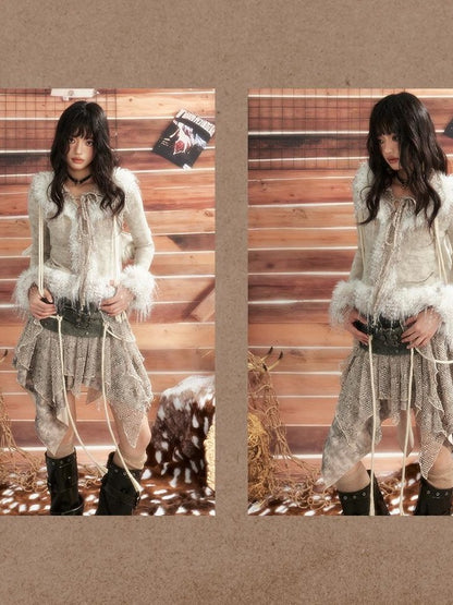 ALL iN plan Tie Dye Mesh Faux Fur Trim Lace Up Women&