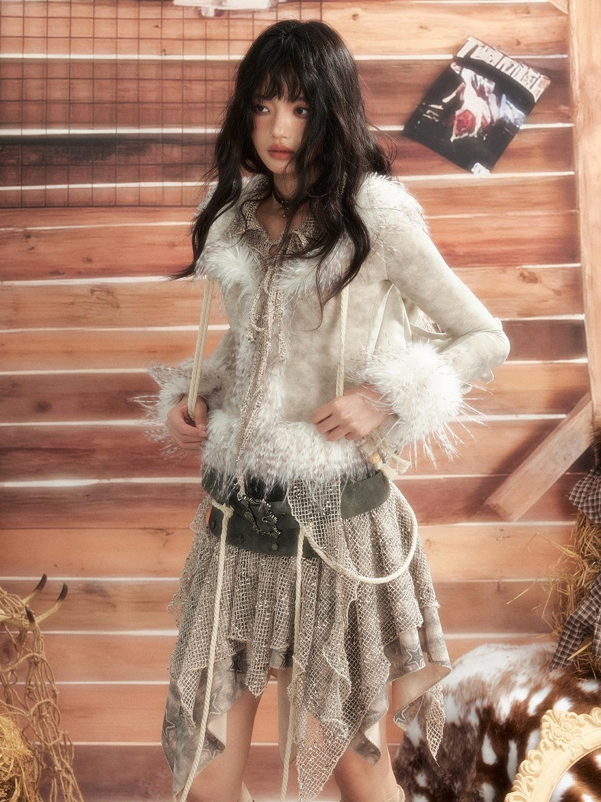 ALL iN plan Tie Dye Mesh Faux Fur Trim Lace Up Women&
