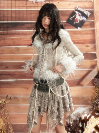 ALL iN plan Tie Dye Mesh Faux Fur Trim Lace Up Women&
