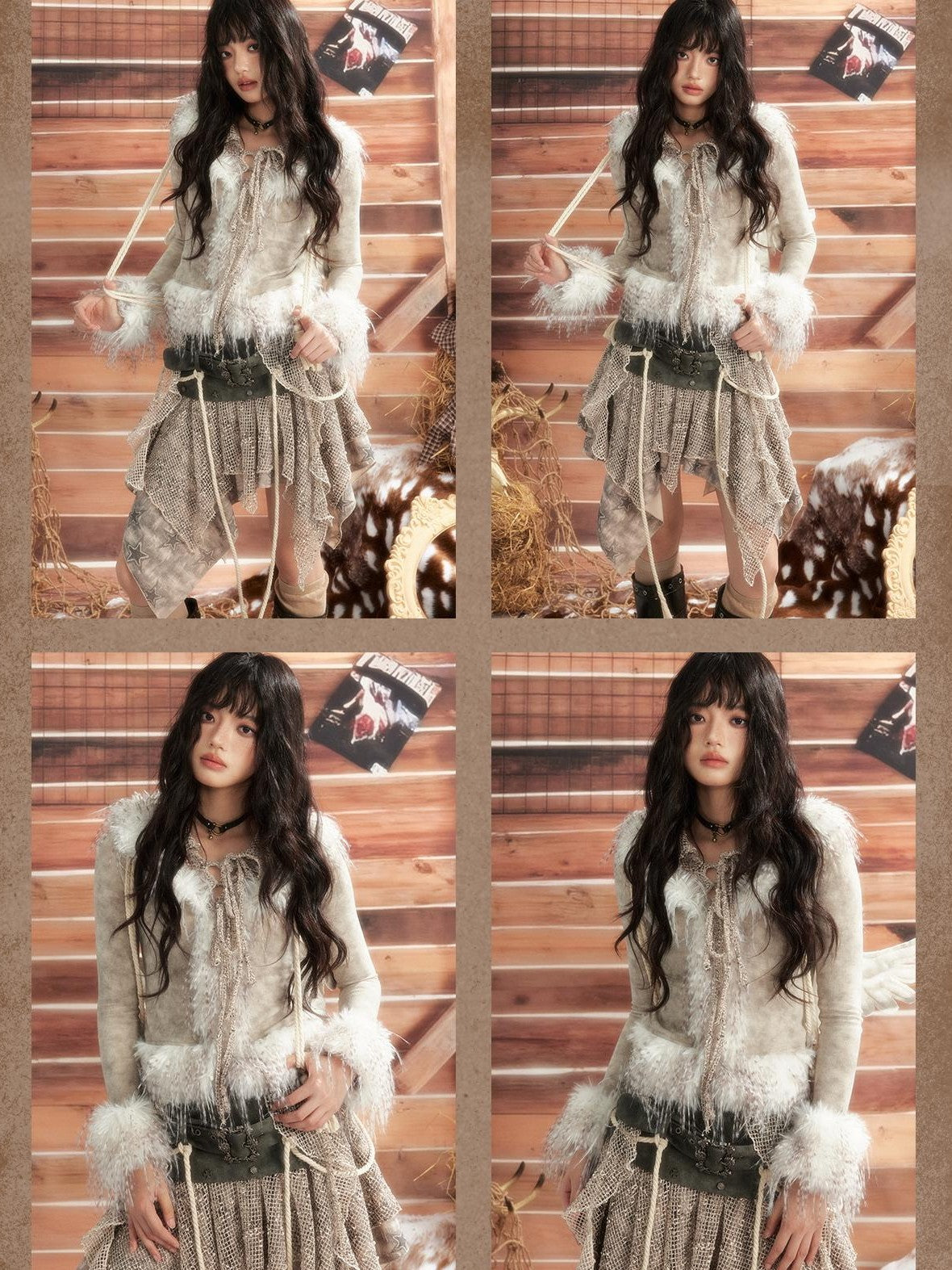 ALL iN plan Tie Dye Mesh Faux Fur Trim Lace Up Women&