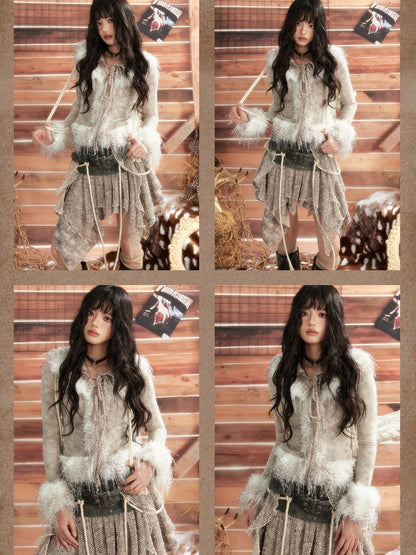 ALL iN plan Tie Dye Mesh Faux Fur Trim Lace Up Women&