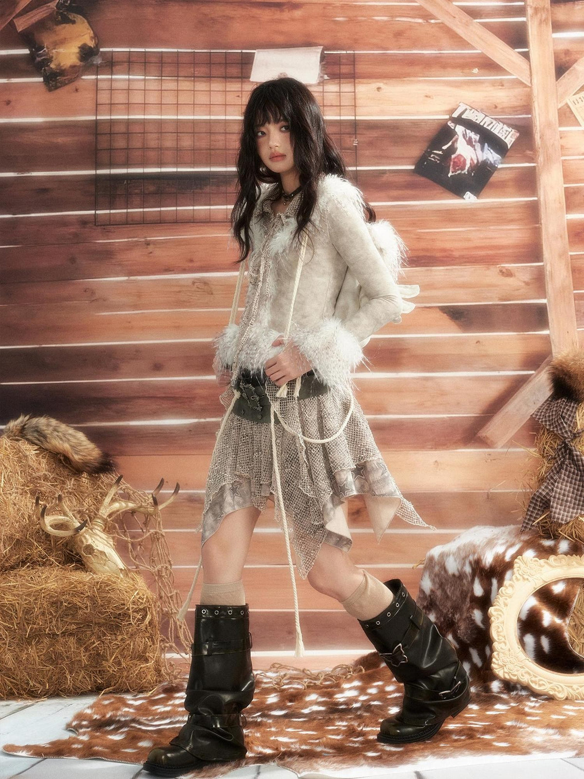 ALL iN plan Tie Dye Mesh Faux Fur Trim Lace Up Women&