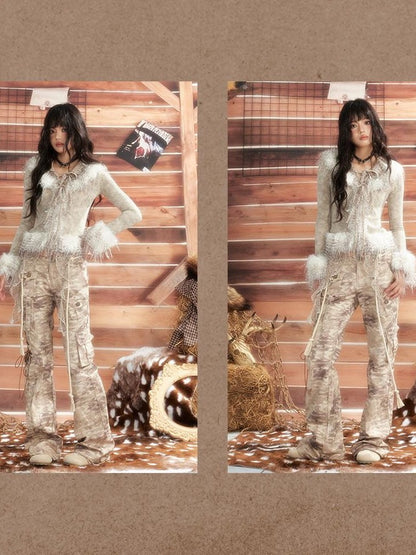ALL iN plan Tie Dye Mesh Faux Fur Trim Lace Up Women&