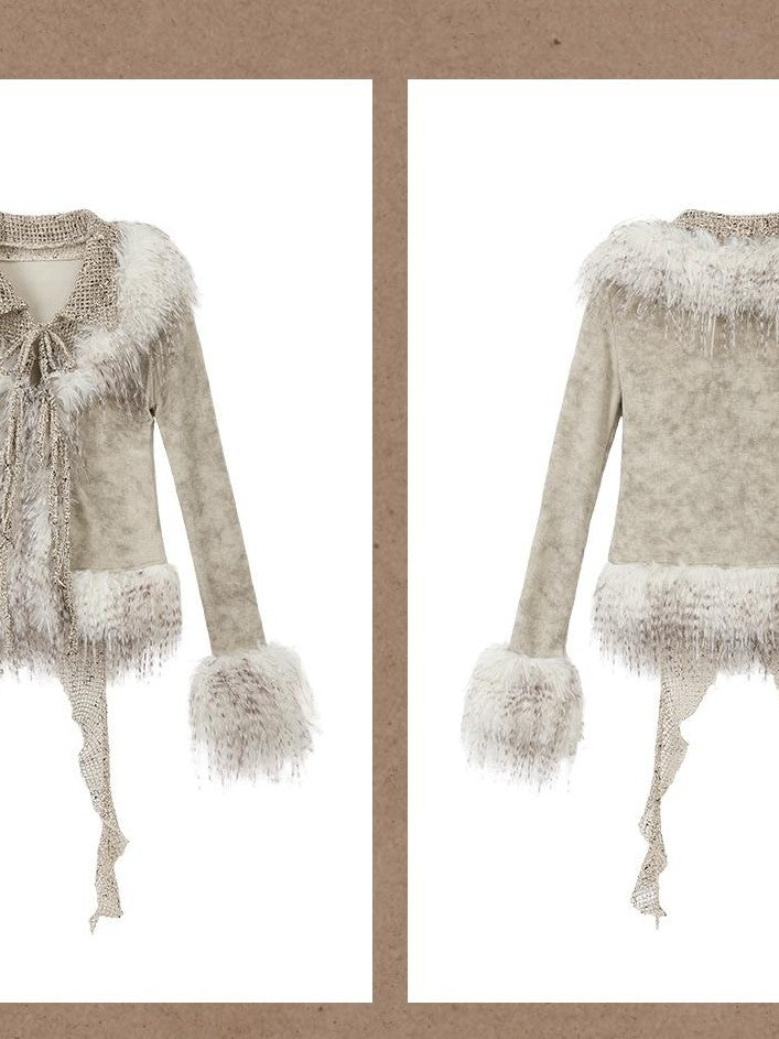 ALL iN plan Tie Dye Mesh Faux Fur Trim Lace Up Women&