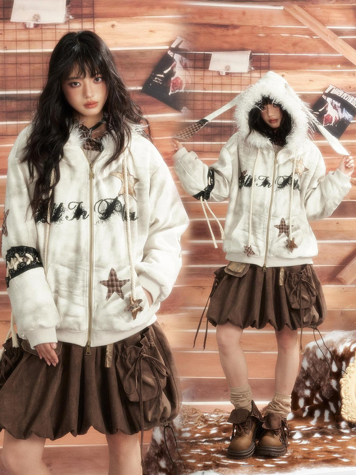 ALL iN plan Tie Dye Patchwork Star Print Faux Fur Hooded Loose Women&