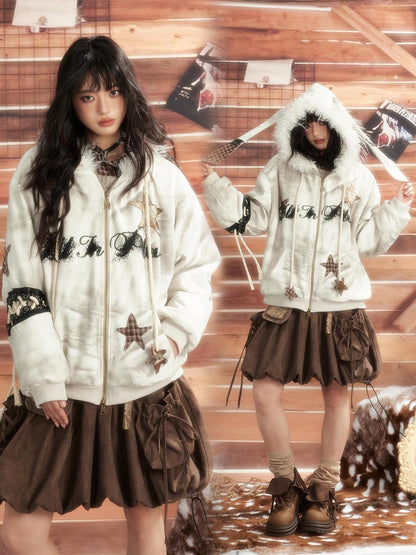 ALL iN plan Tie Dye Patchwork Star Print Faux Fur Hooded Loose Women&