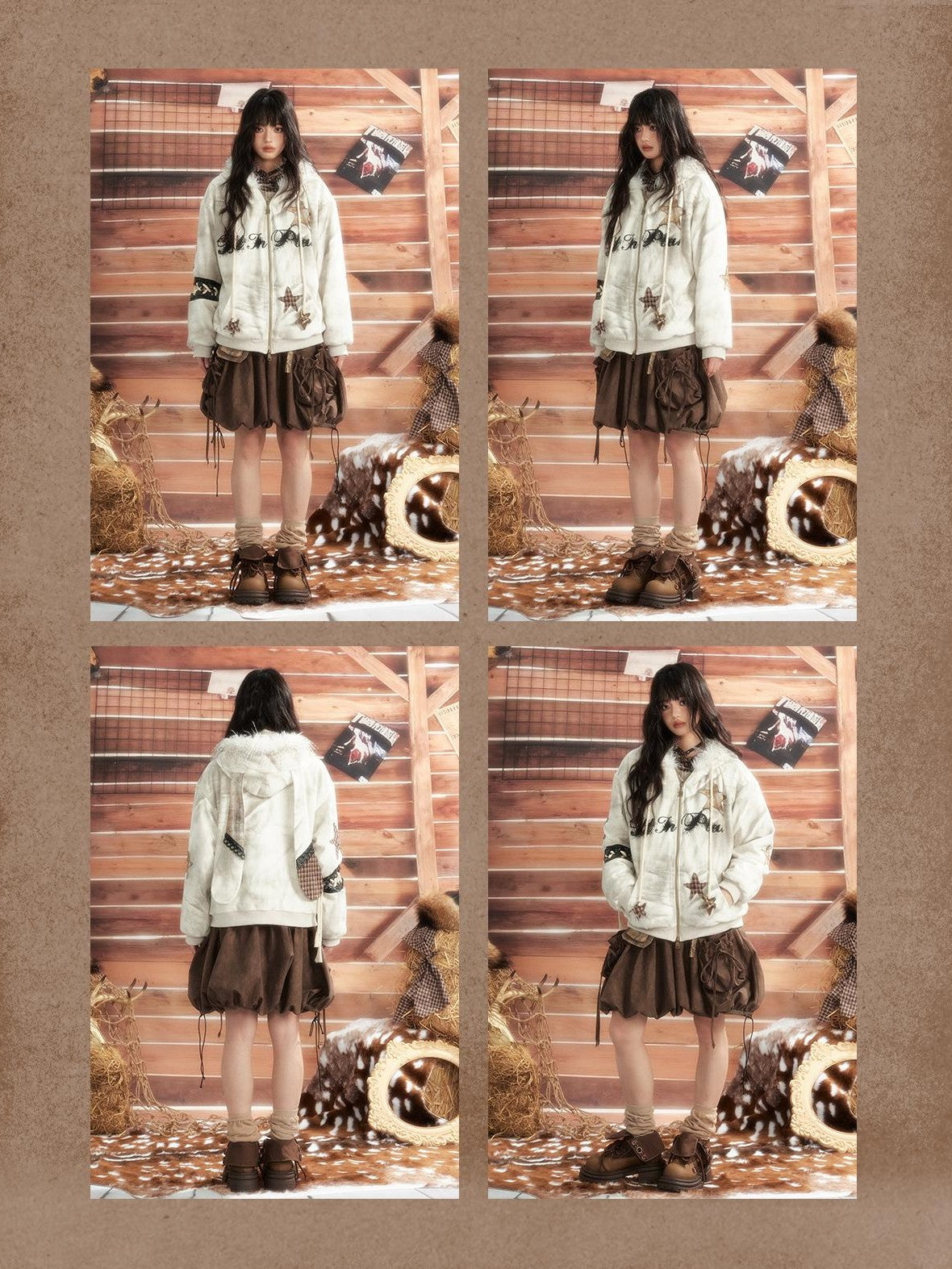 ALL iN plan Tie Dye Patchwork Star Print Faux Fur Hooded Loose Women&