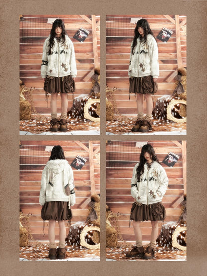 ALL iN plan Tie Dye Patchwork Star Print Faux Fur Hooded Loose Women&