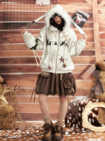 ALL iN plan Tie Dye Patchwork Star Print Faux Fur Hooded Loose Women&