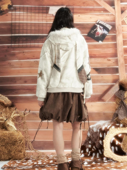 ALL iN plan Tie Dye Patchwork Star Print Faux Fur Hooded Loose Women&