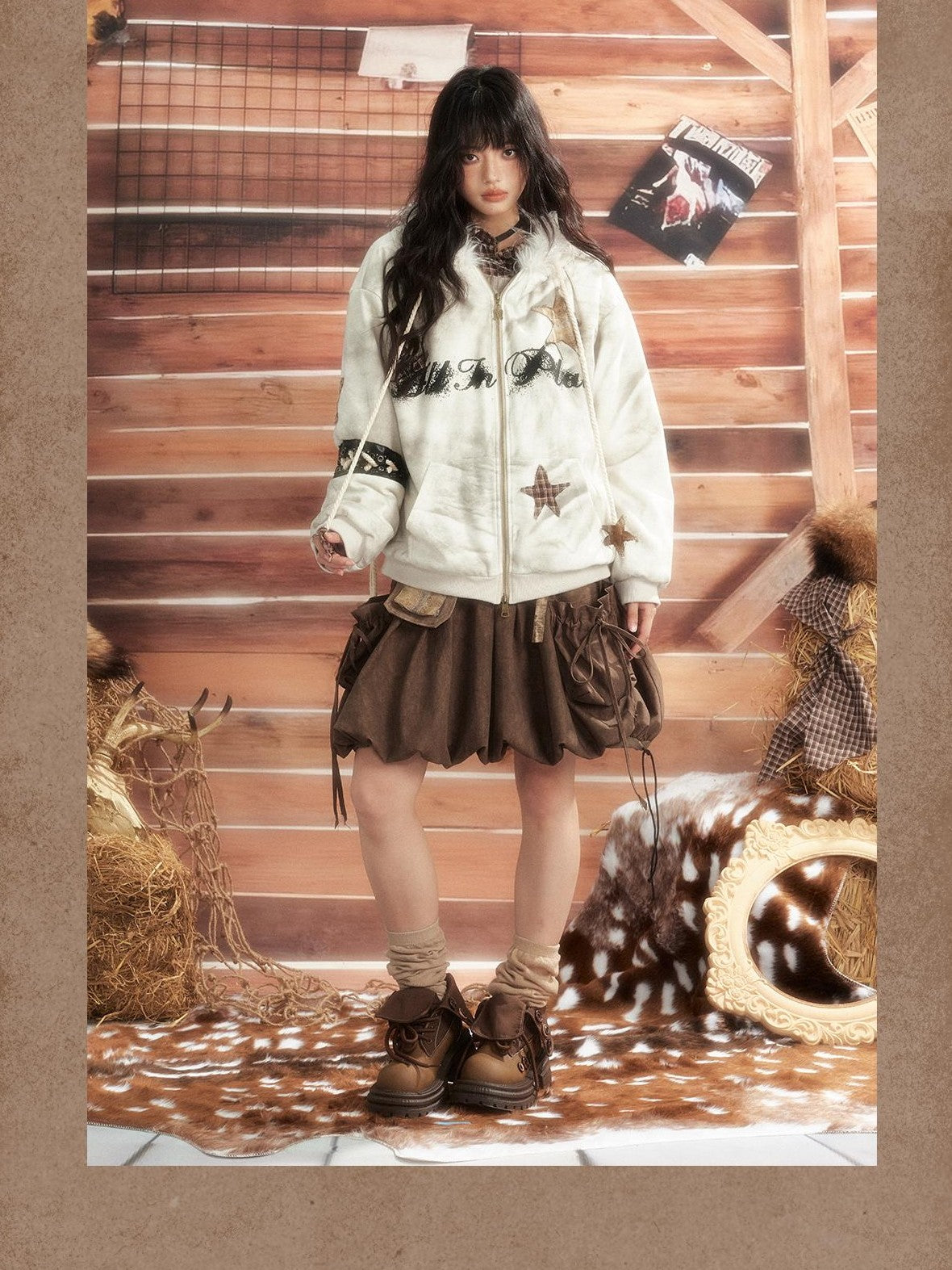 ALL iN plan Tie Dye Patchwork Star Print Faux Fur Hooded Loose Women&