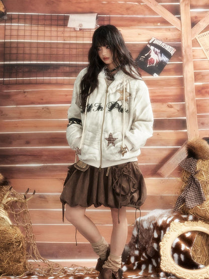 ALL iN plan Tie Dye Patchwork Star Print Faux Fur Hooded Loose Women&