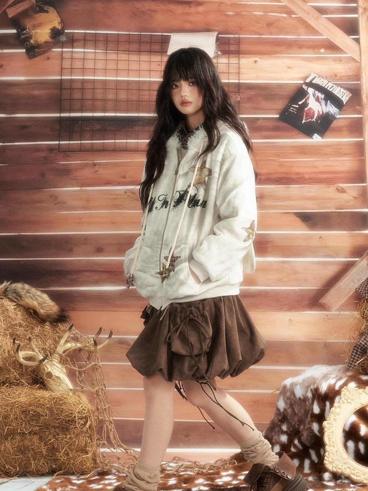 ALL iN plan Tie Dye Patchwork Star Print Faux Fur Hooded Loose Women&