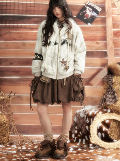 ALL iN plan Tie Dye Patchwork Star Print Faux Fur Hooded Loose Women&