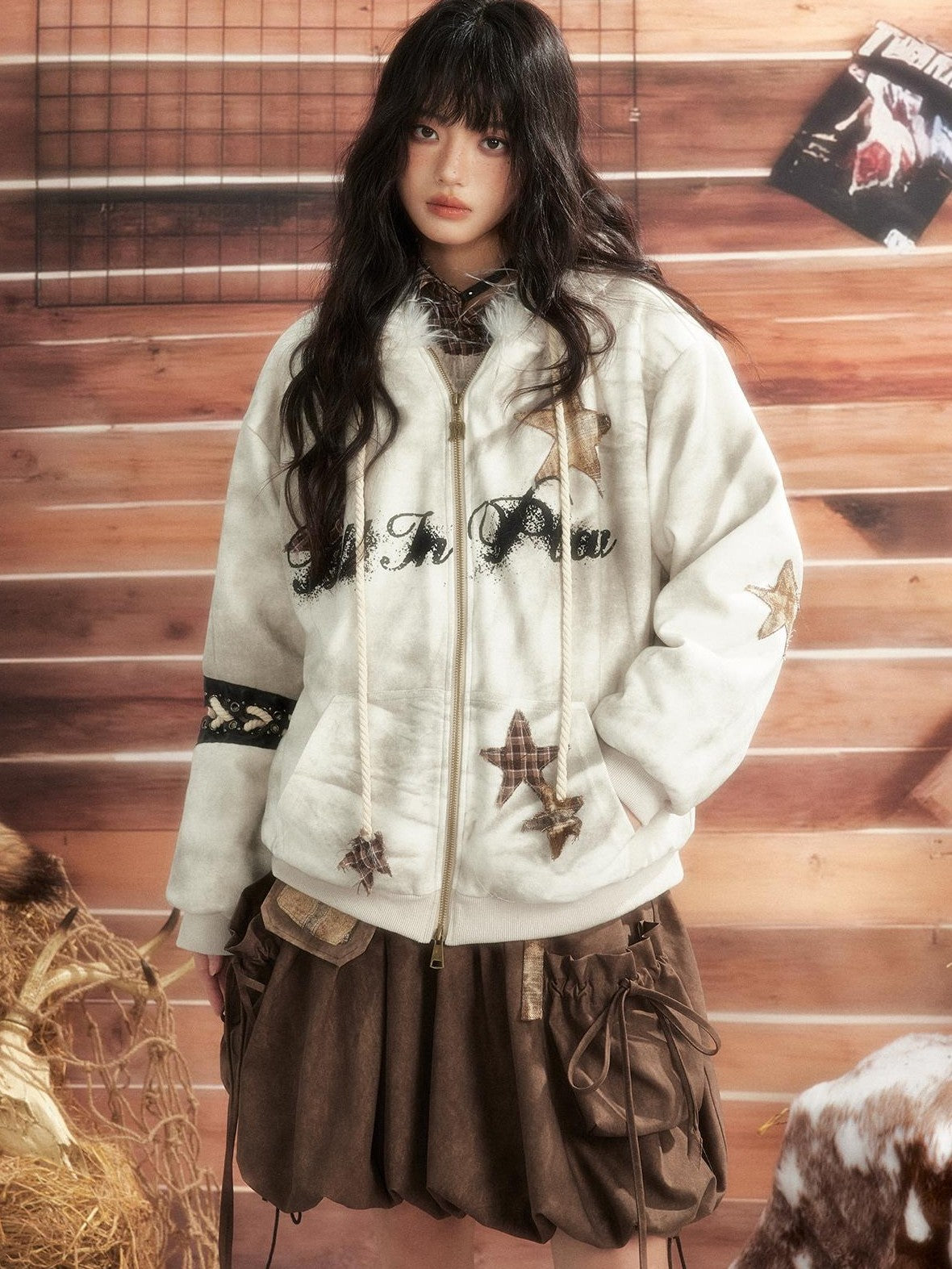 ALL iN plan Tie Dye Patchwork Star Print Faux Fur Hooded Loose Women&