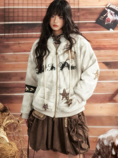 ALL iN plan Tie Dye Patchwork Star Print Faux Fur Hooded Loose Women&