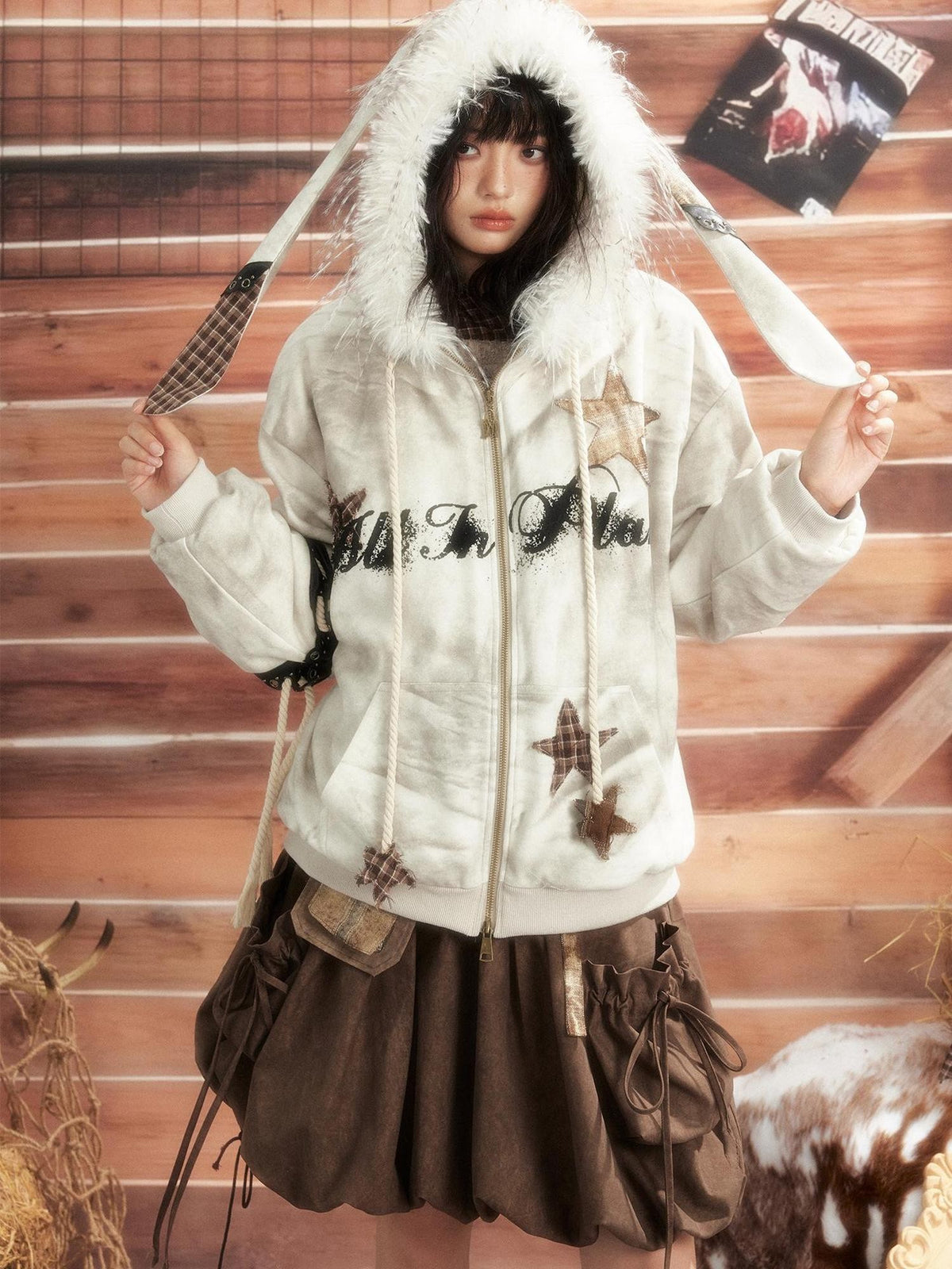 ALL iN plan Tie Dye Patchwork Star Print Faux Fur Hooded Loose Women&